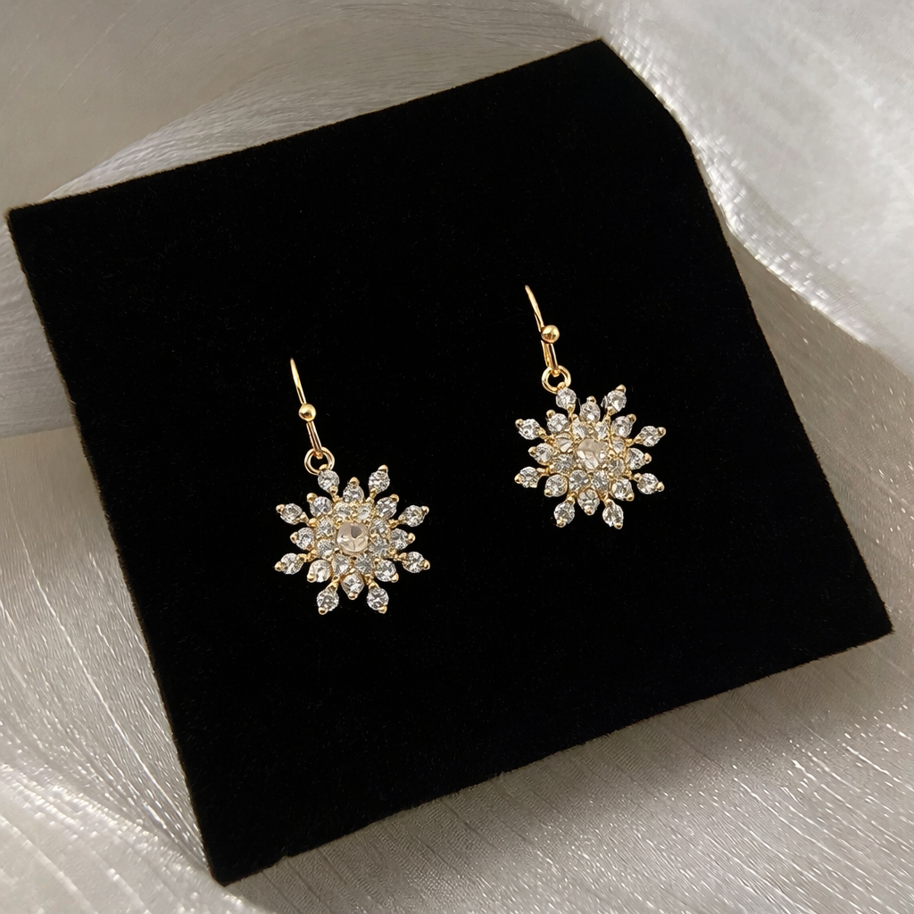 14k Gold Snowflake Cubic Zirconia Drop Earrings Gold Tone