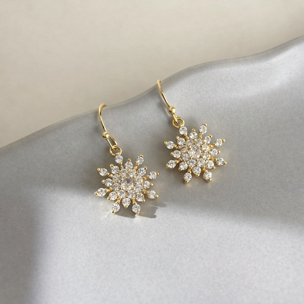 14k Gold Snowflake Cubic Zirconia Drop Earrings Gold Tone