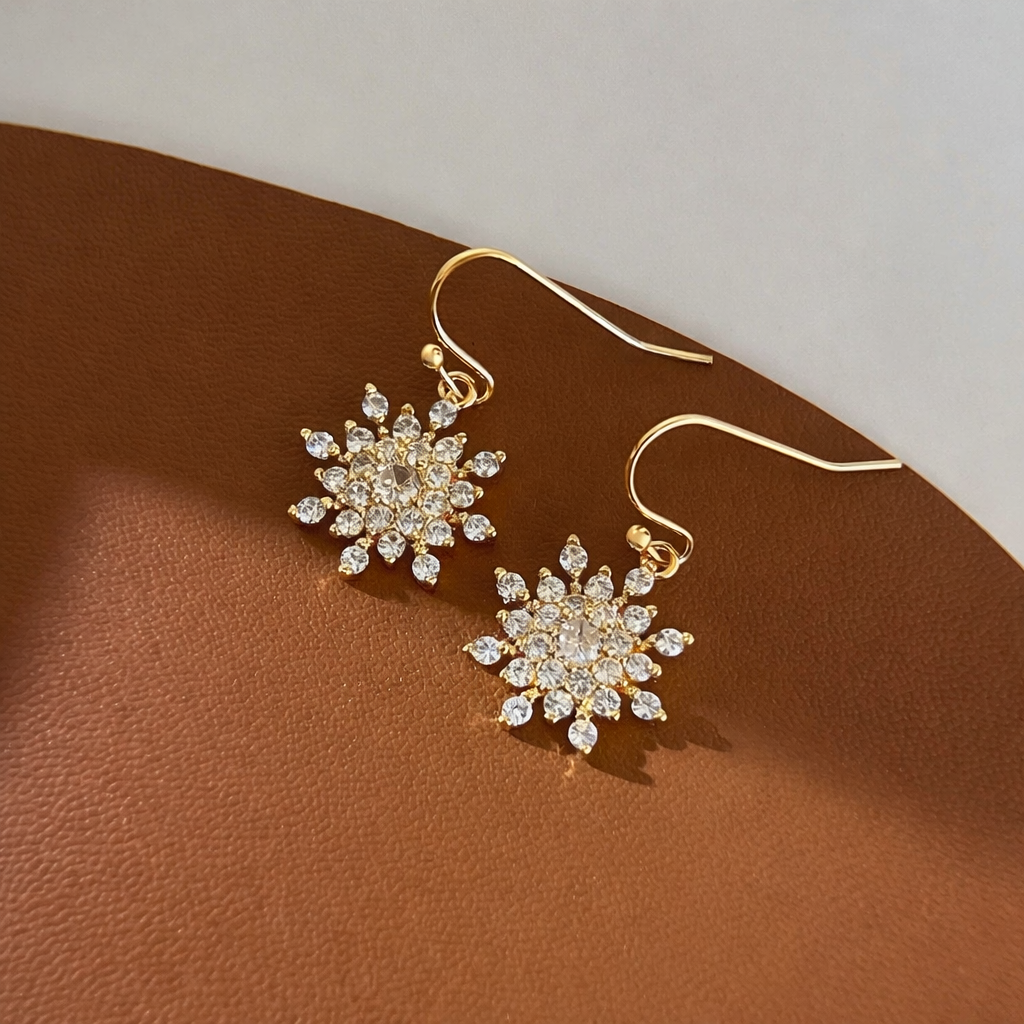 14k Gold Snowflake Cubic Zirconia Drop Earrings Gold Tone
