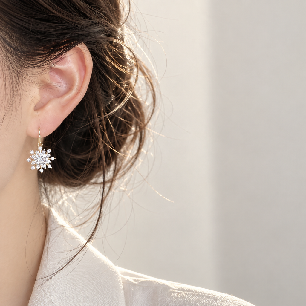 14k Gold Snowflake Cubic Zirconia Drop Earrings Gold Tone