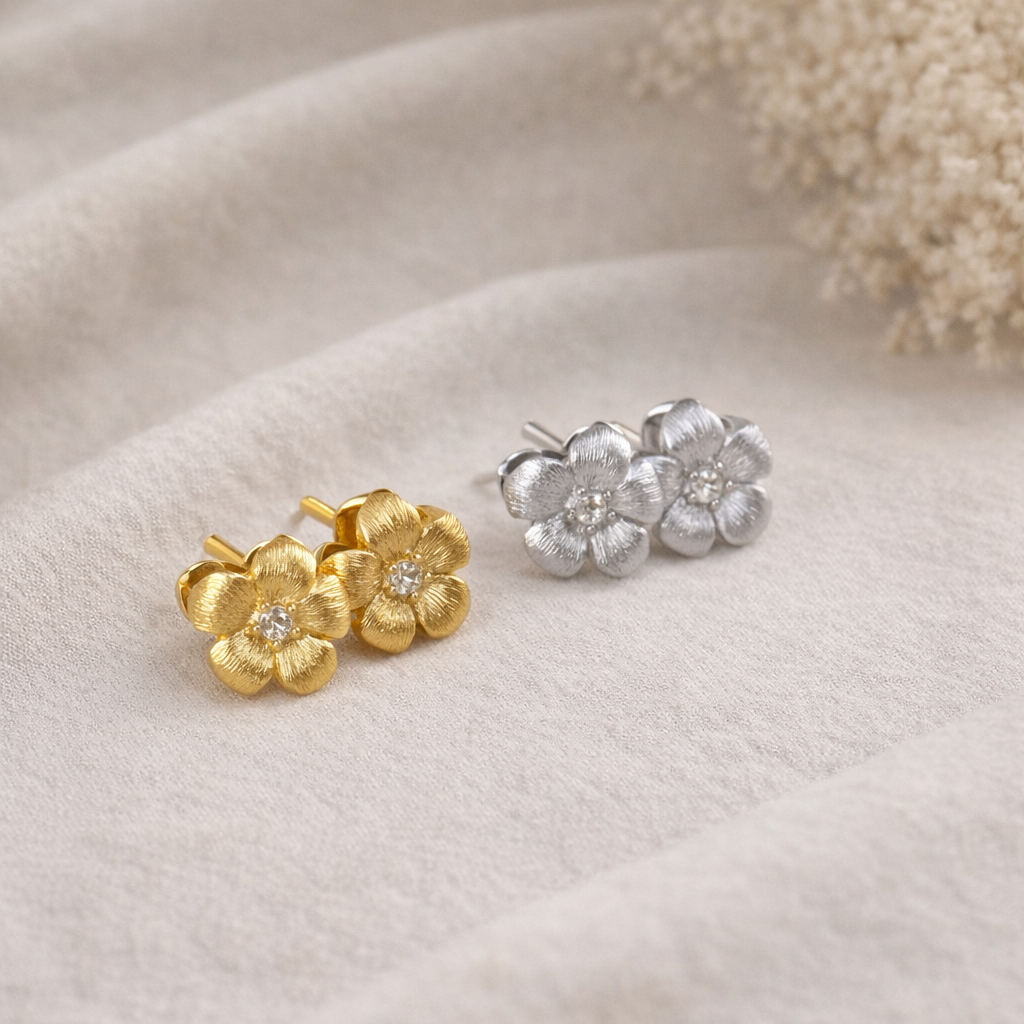 Sterling Silver Camellia Flower Stud Earrings