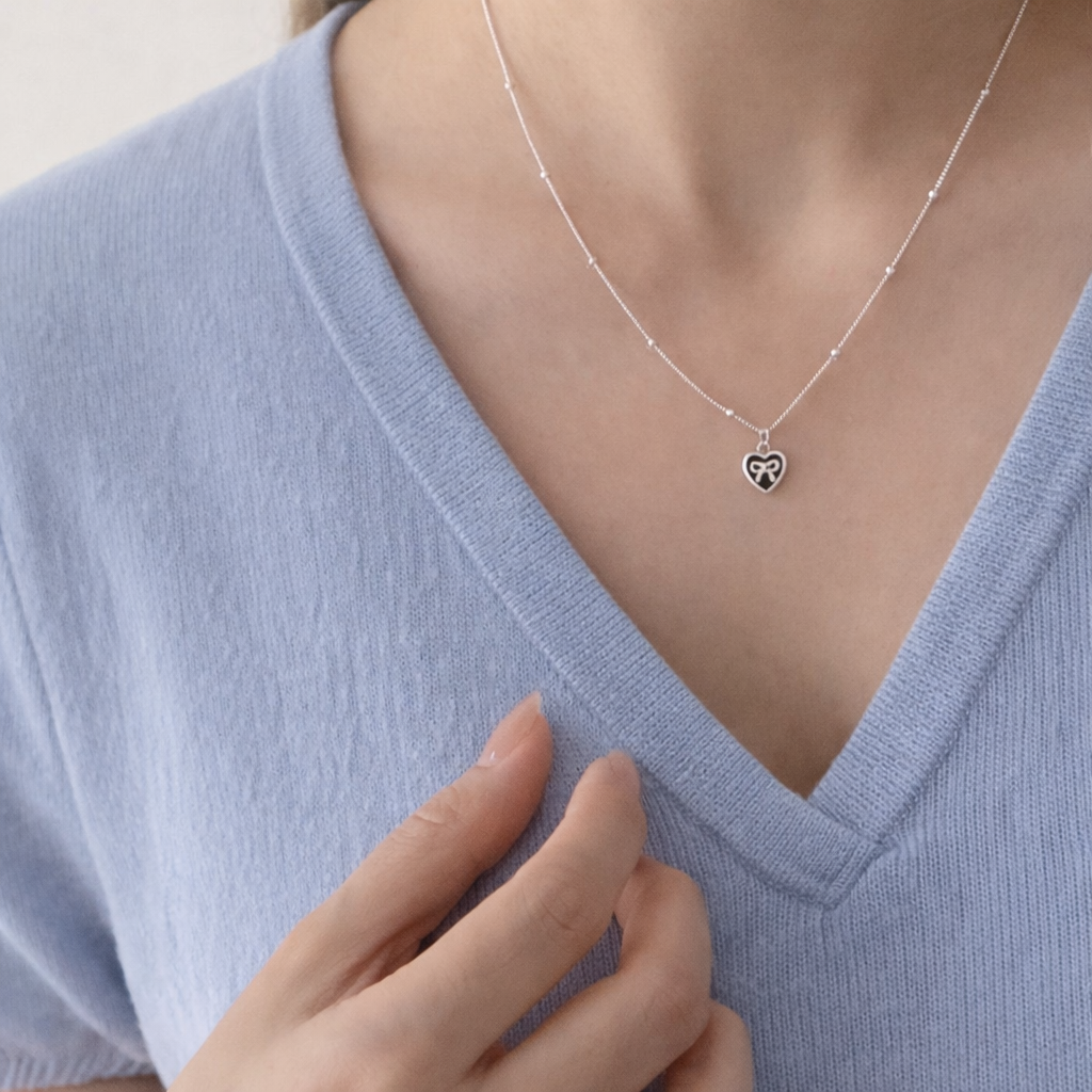 Sterling Silver Heart Bow Necklace