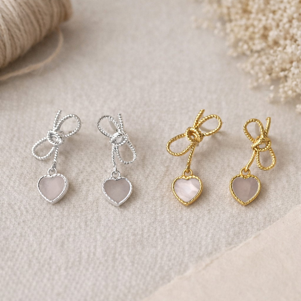 Sterling Silver Bow Heart Drop Earrings