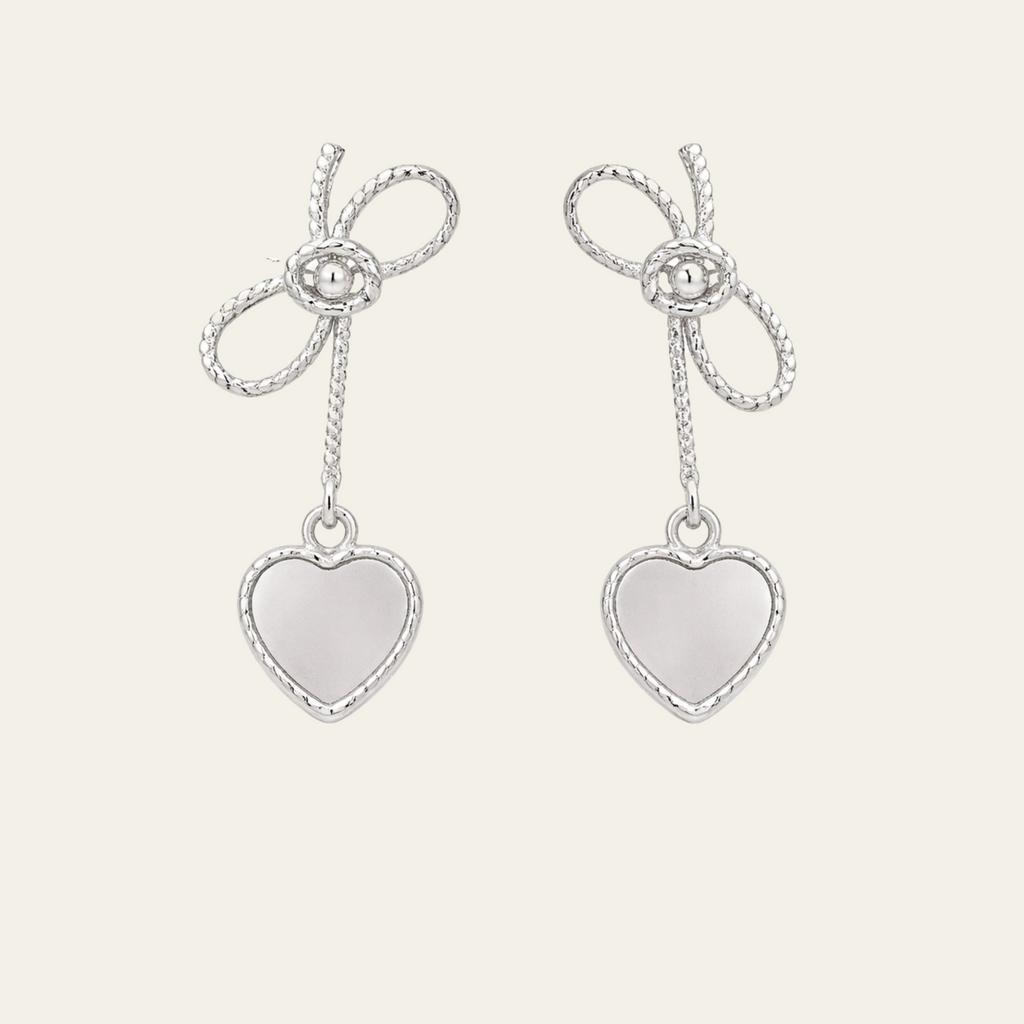 Sterling Silver Bow Heart Drop Earrings