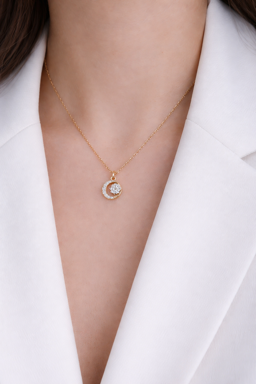 Sterling Silver Moon Zircon Necklace
