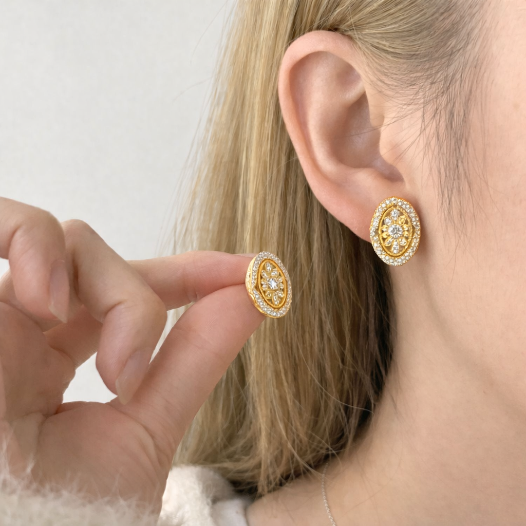 Sterling Silver Oval Floral Halo Stud Earrings