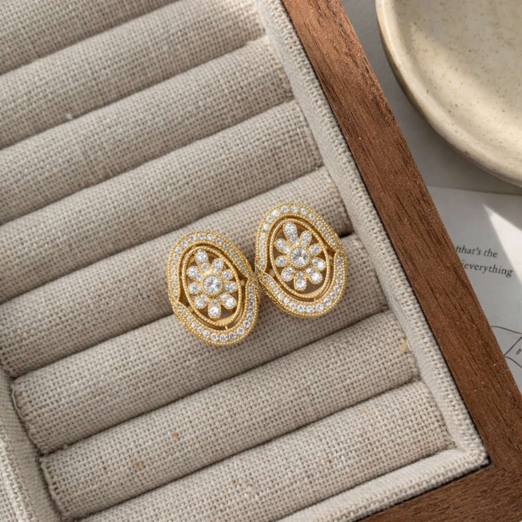 Sterling Silver Oval Floral Halo Stud Earrings