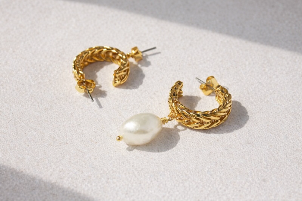 Electroplated Alloy Vintage Pearl Drop Hoop Earrings