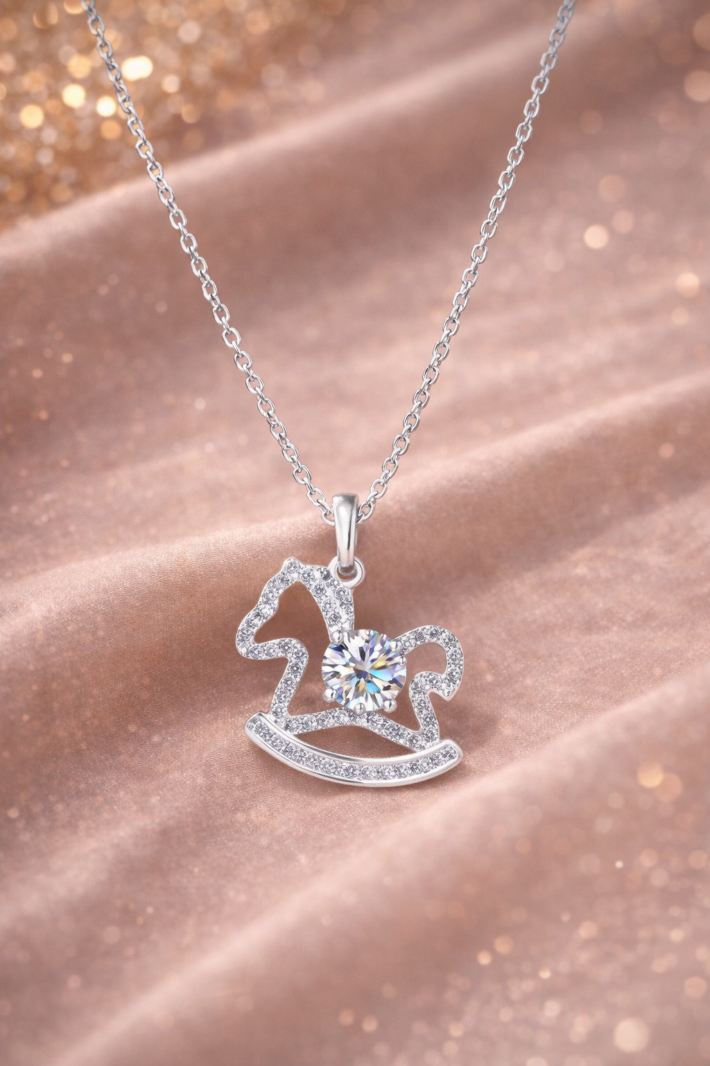 Sterling Silver Rocking Horse Moissanite Pendant Necklace