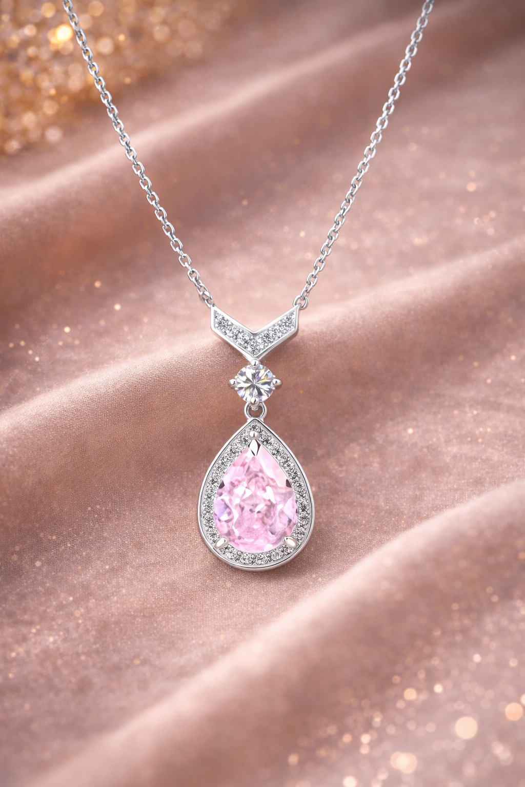Sterling Silver Pink Diamond Teardrop Necklace