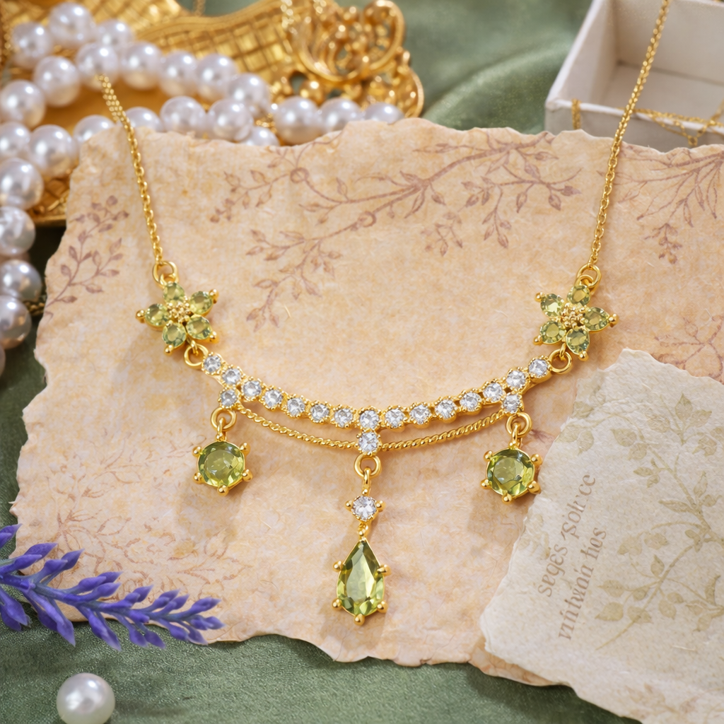 Green Flower Gemstone Necklace Copper Electroplated