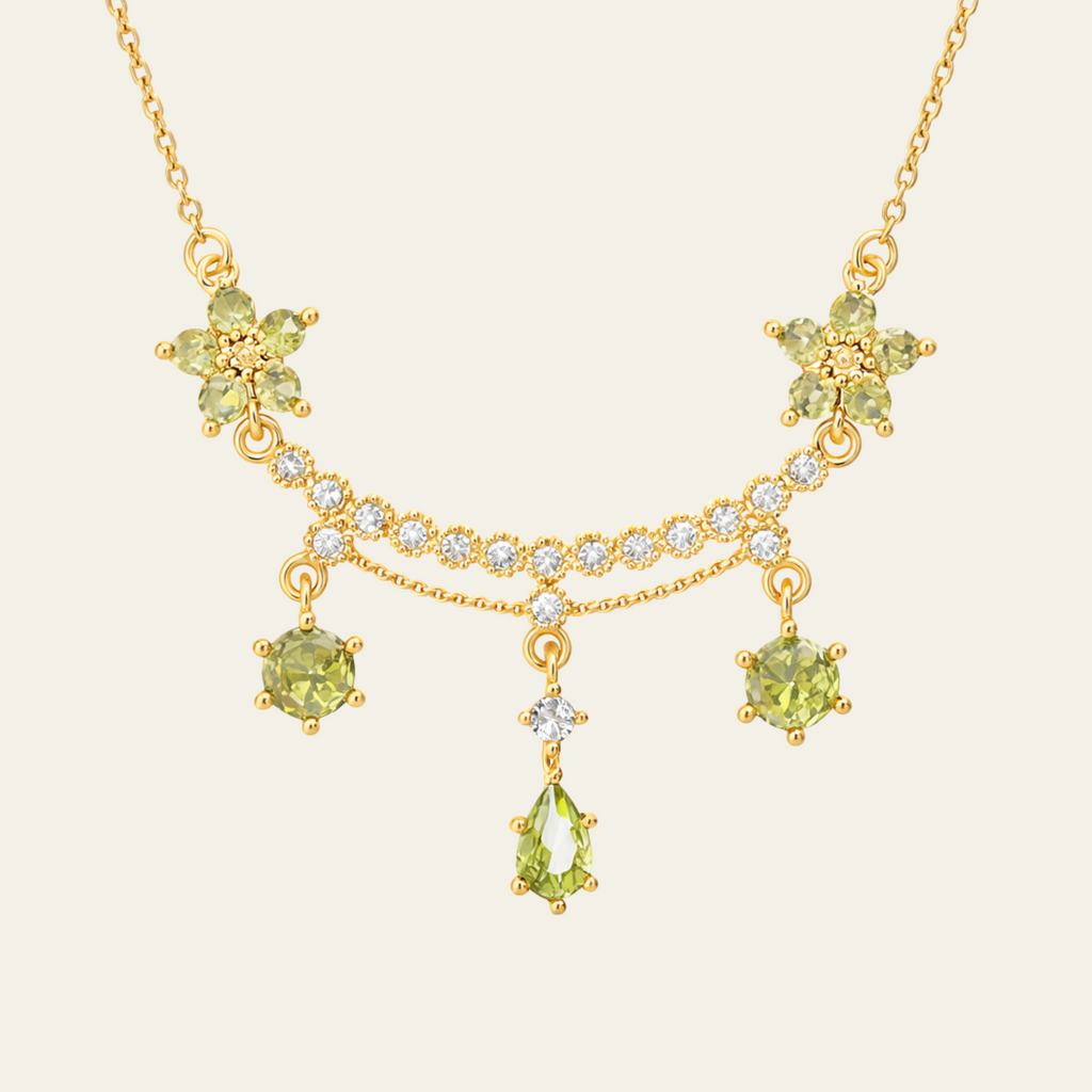 Green Flower Gemstone Necklace Copper Electroplated