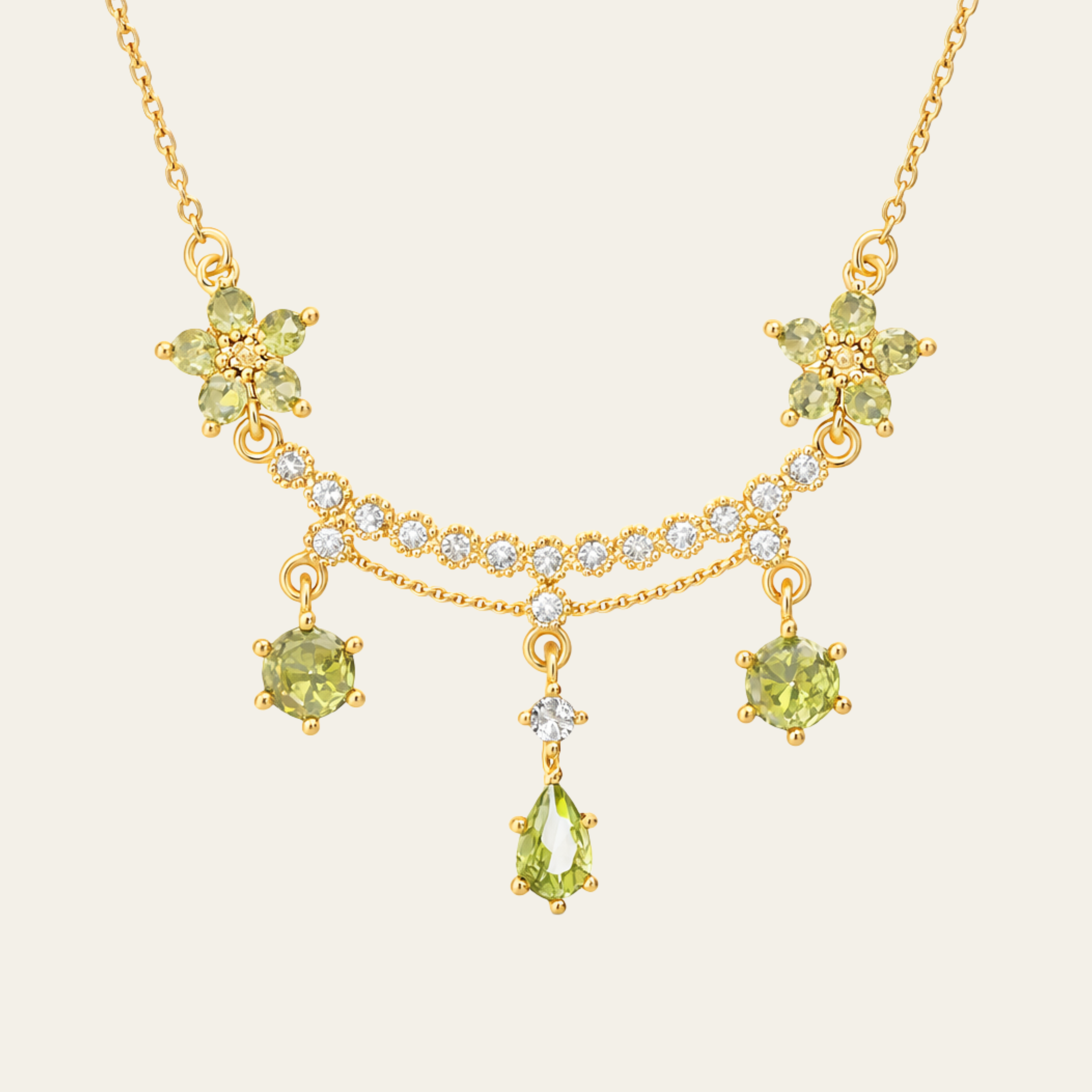 Green Flower Gemstone Necklace Copper Electroplated
