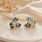 Blue Flower Pearl Stud Earrings Copper 14K Gold Plated