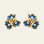 Blue Flower Pearl Stud Earrings Copper 14K Gold Plated