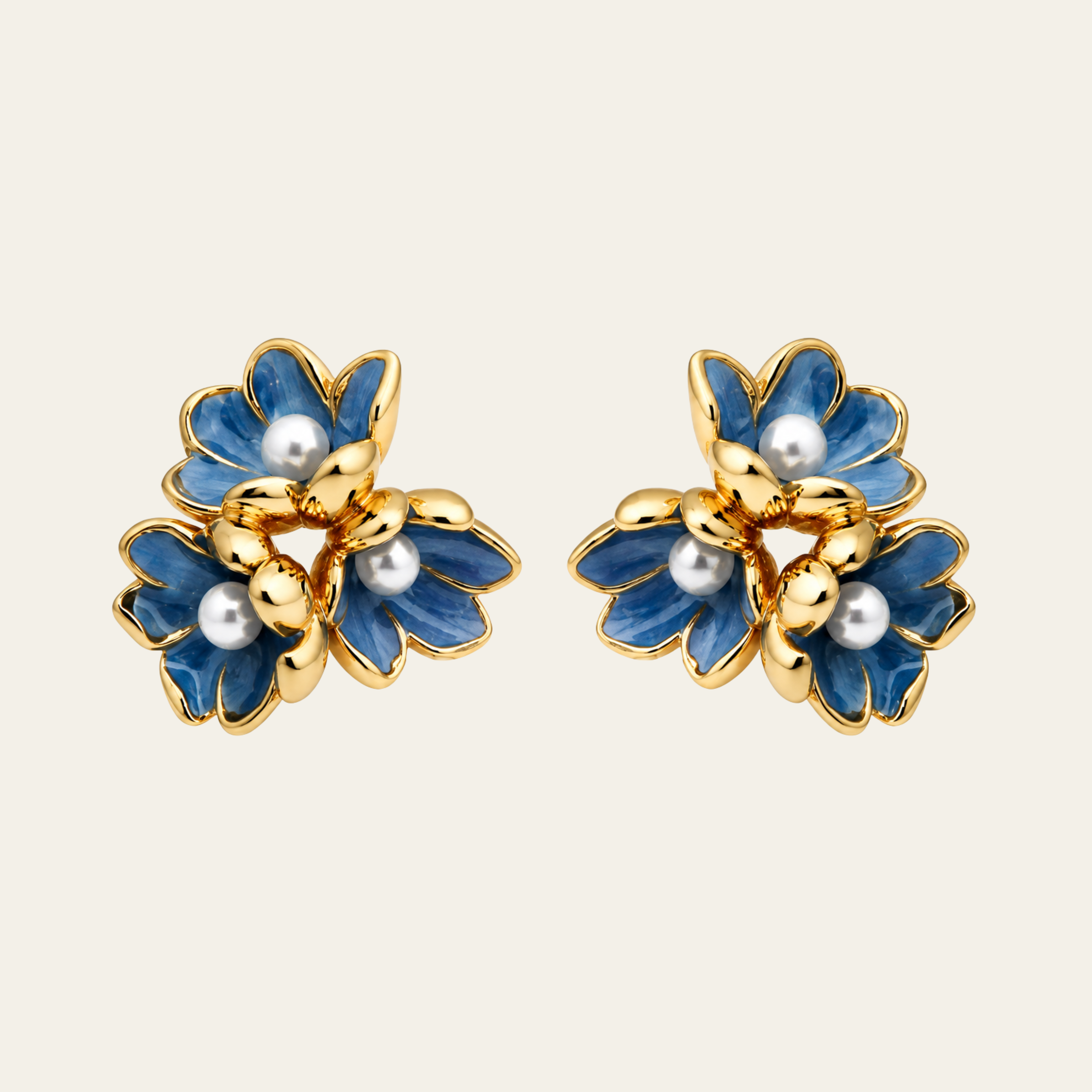 Blue Flower Pearl Stud Earrings Copper 14K Gold Plated