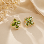 Green Four Leaf Clover Gemstone Stud Earrings Copper 14K Gold Plated