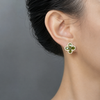 Green Four Leaf Clover Gemstone Stud Earrings Copper 14K Gold Plated