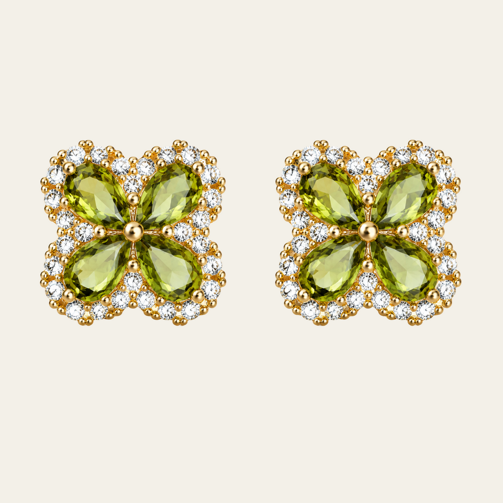 Green Four Leaf Clover Gemstone Stud Earrings Copper 14K Gold Plated