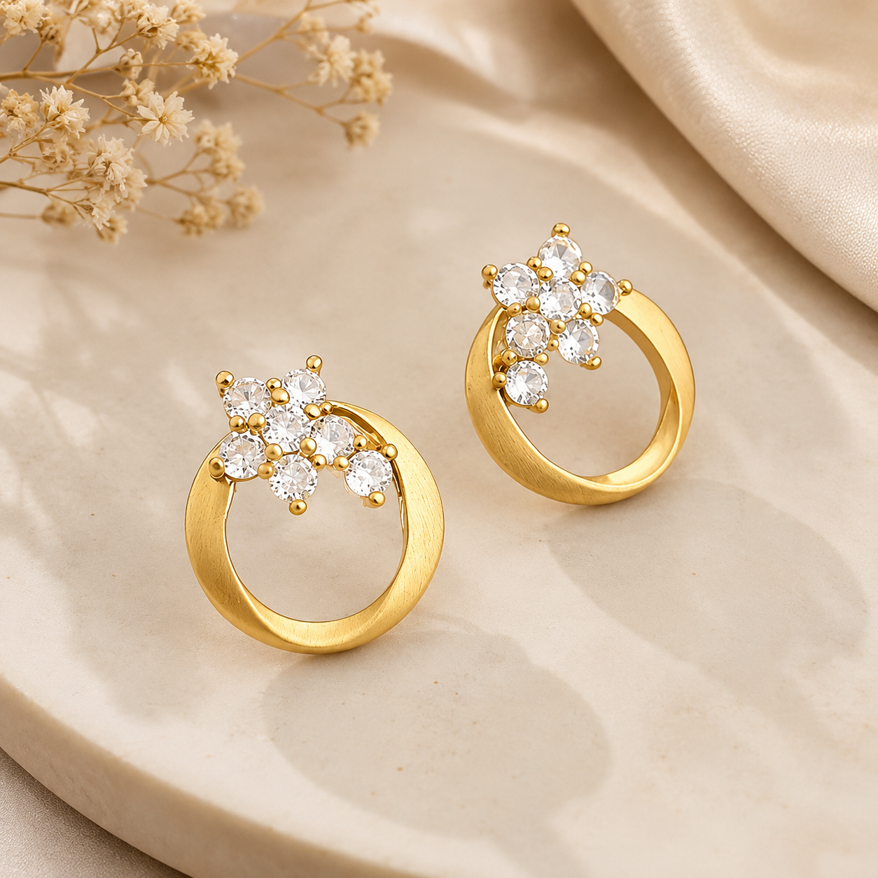 Flower Circle Gemstone Stud Earrings Sterling Silver 18K Gold Plated