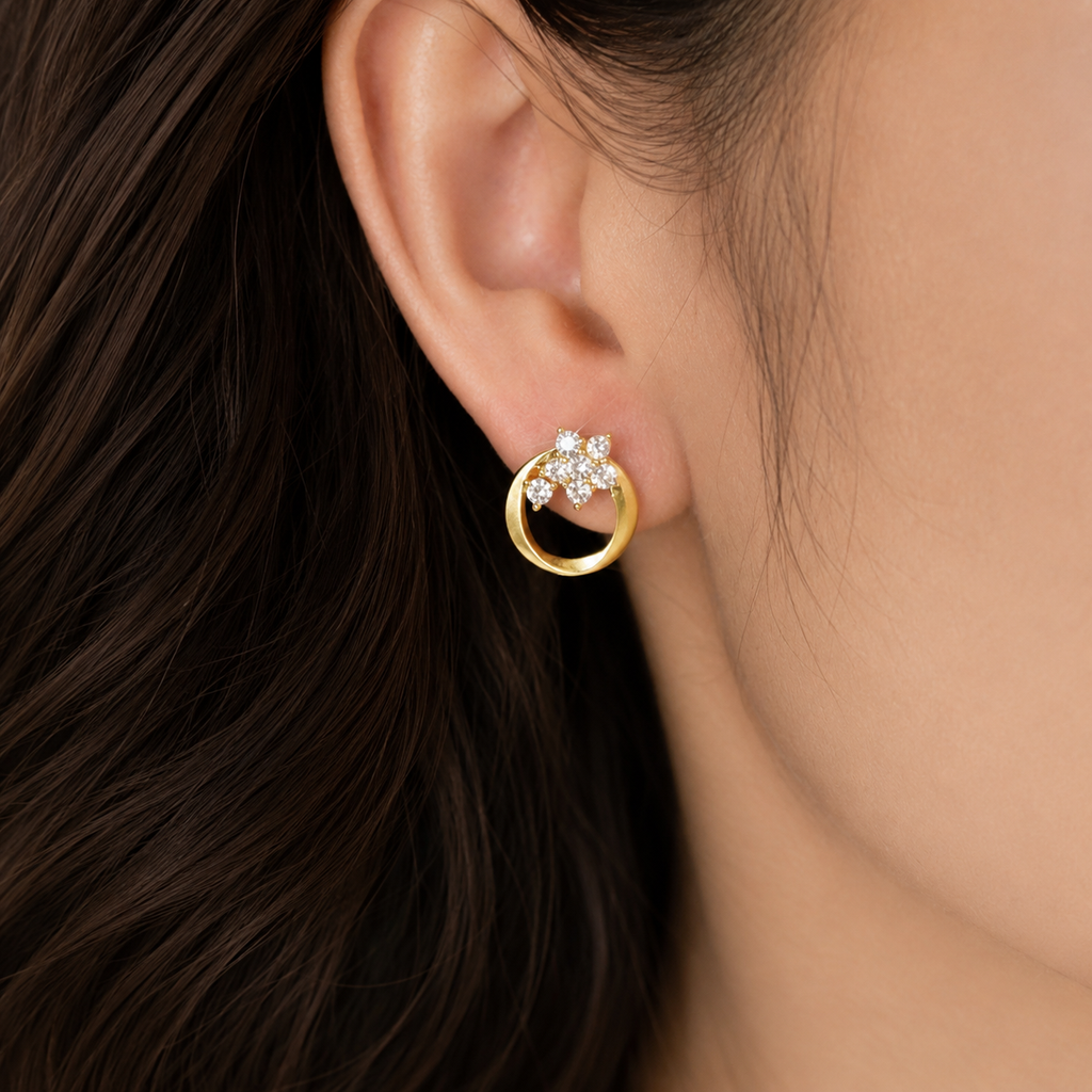 Flower Circle Gemstone Stud Earrings Sterling Silver 18K Gold Plated