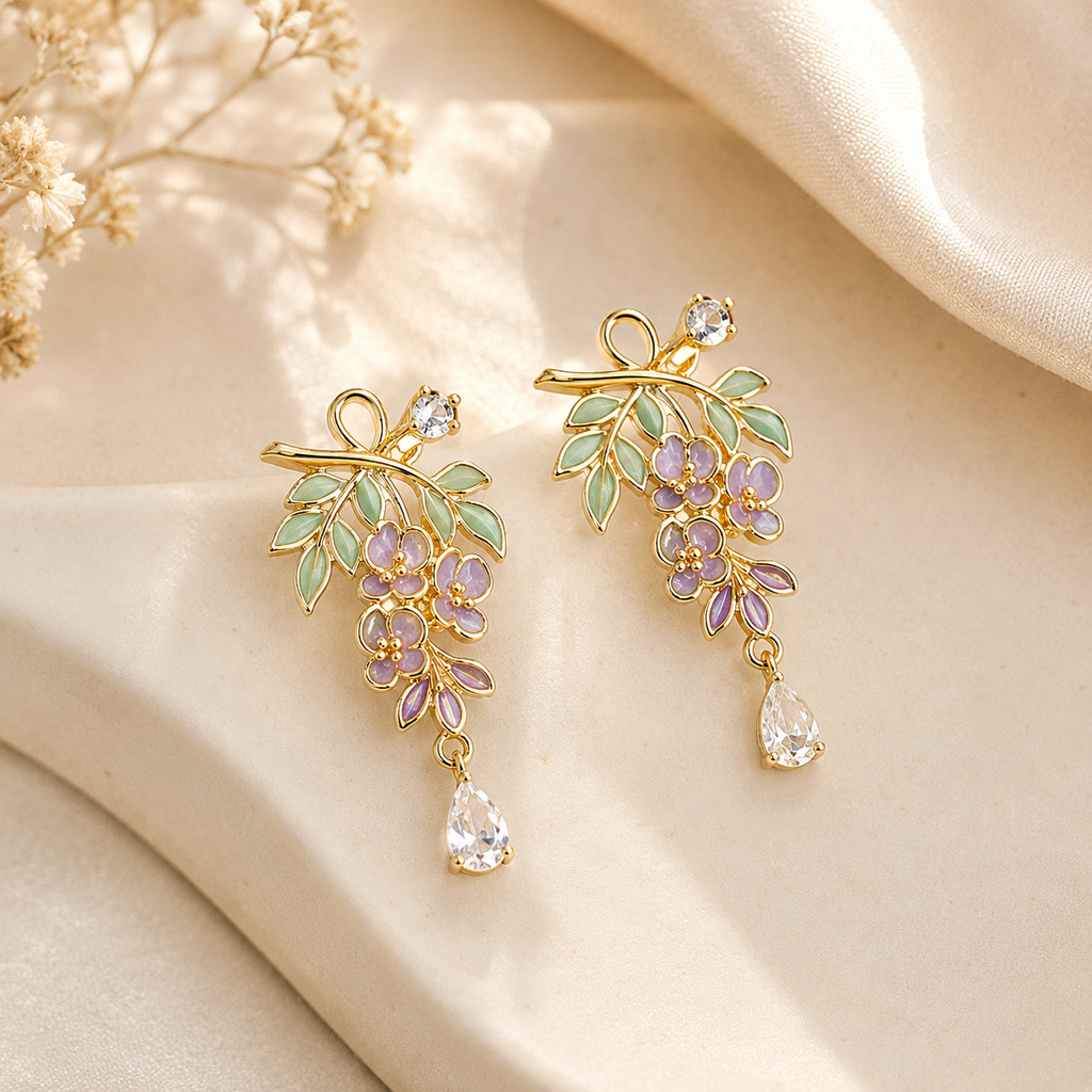 Purple Flower Gemstone Drop Earrings Copper 18K Gold Plated