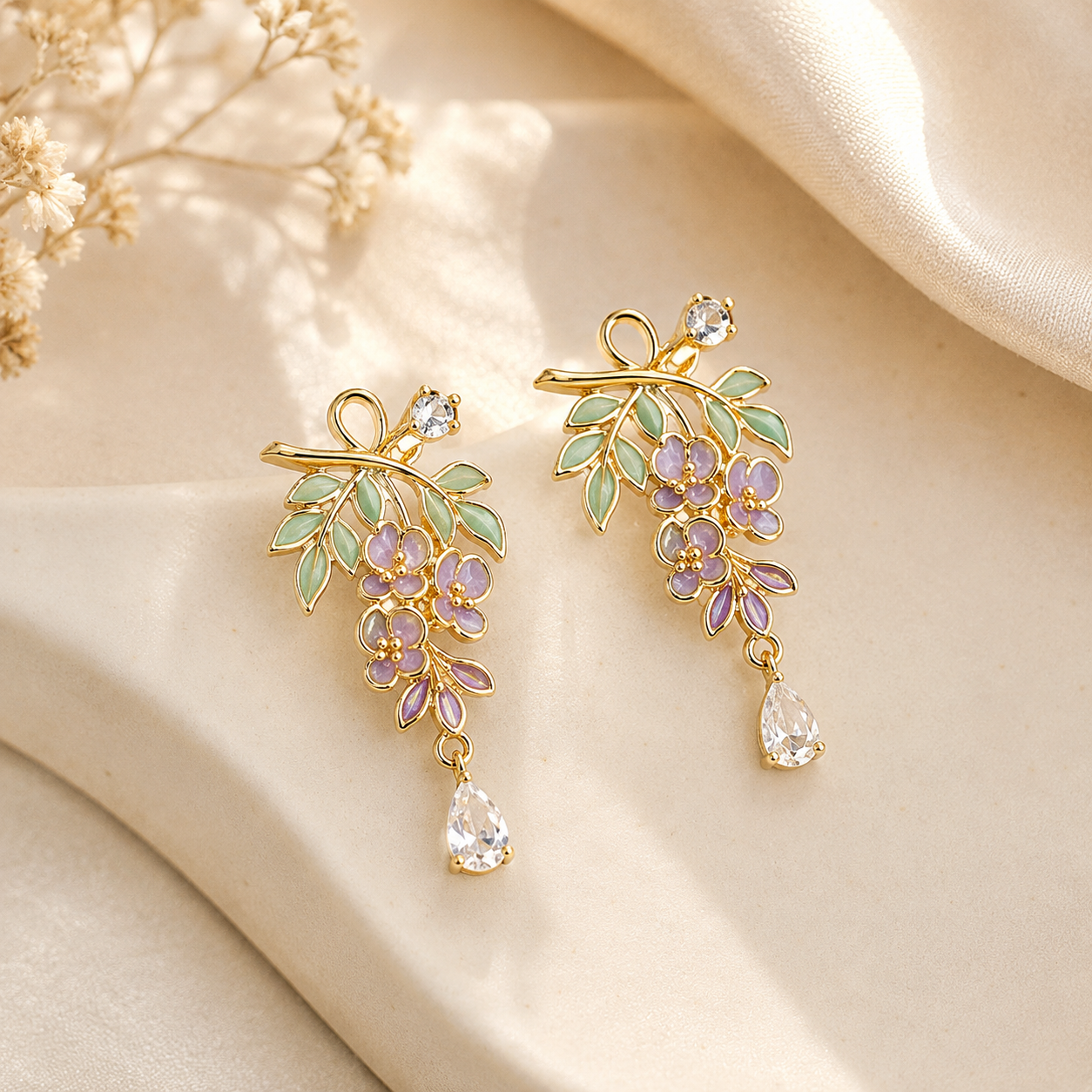 Purple Flower Gemstone Drop Earrings Copper 18K Gold Plated