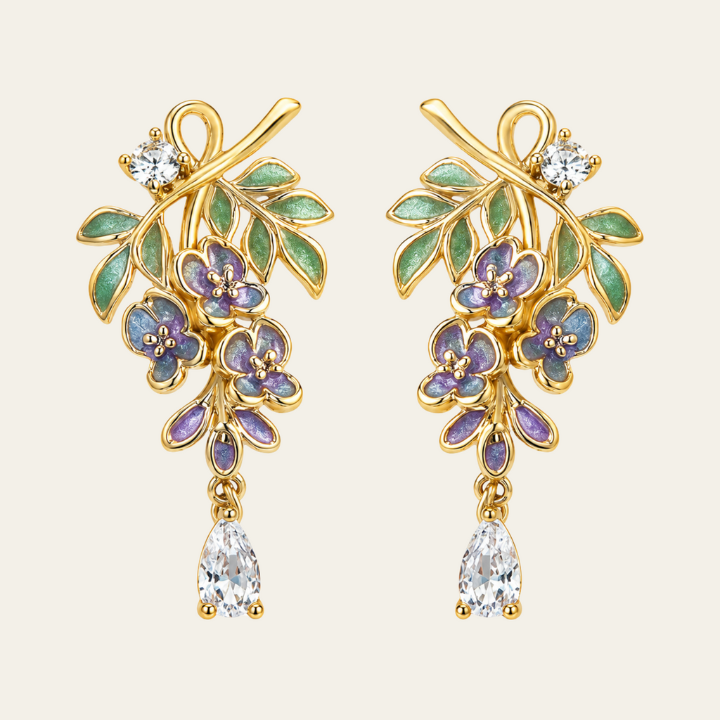 Purple Flower Gemstone Drop Earrings Copper 18K Gold Plated