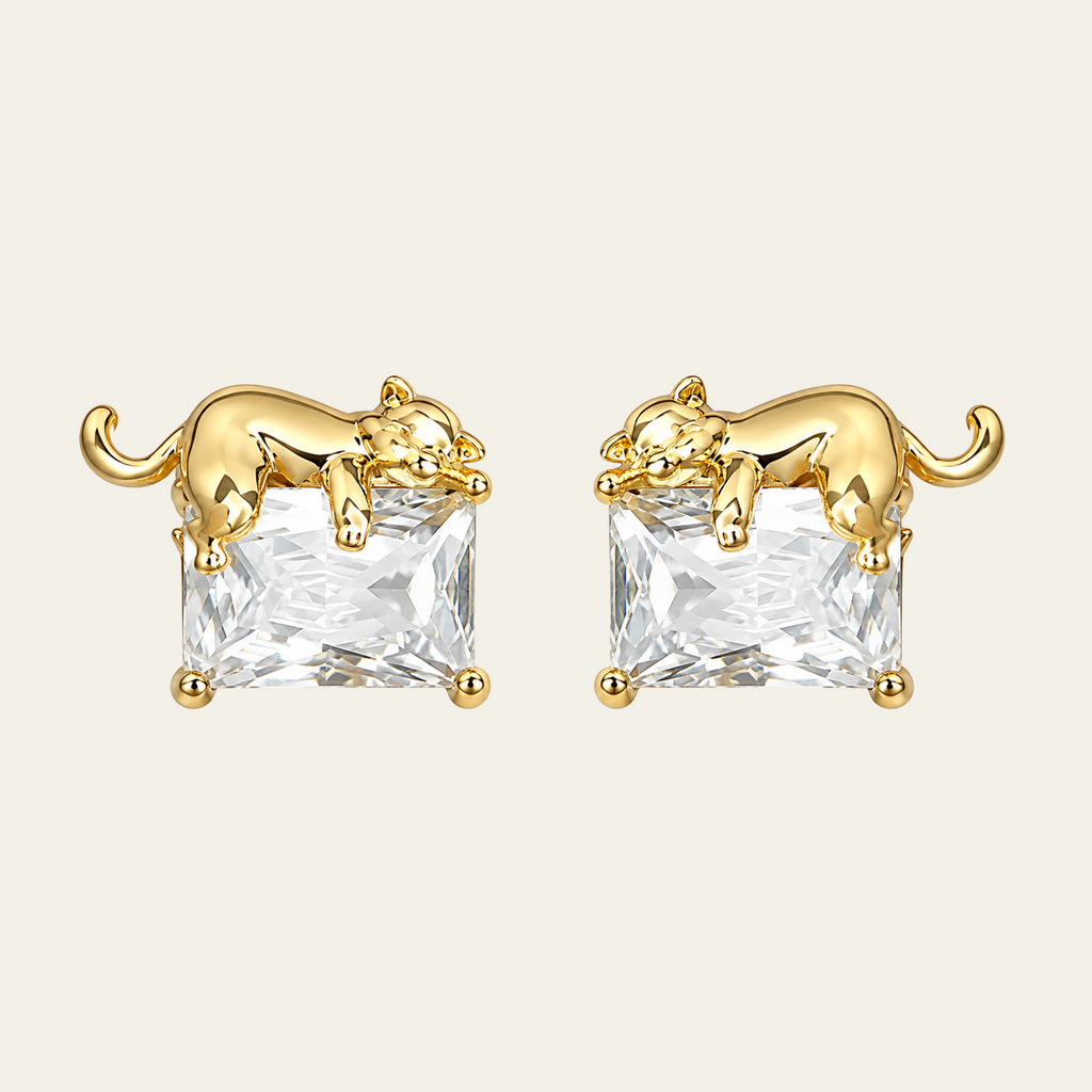 Cat Gemstone Stud Earrings Copper 18K Gold Plated