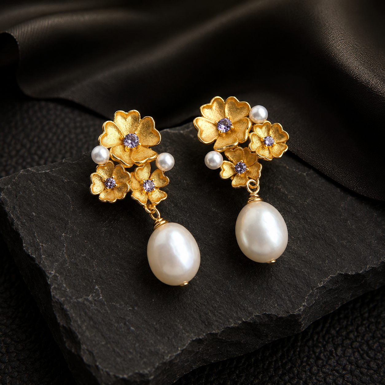Flower Pearl Drop Earrings Copper 18K Gold Plated
