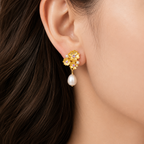 Flower Pearl Drop Earrings Copper 18K Gold Plated