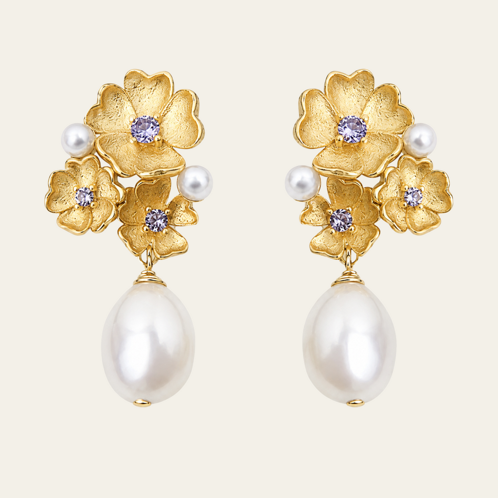 Flower Pearl Drop Earrings Copper 18K Gold Plated