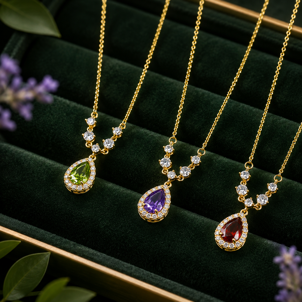 Teardrop Gemstone Necklace Copper Gold Plated