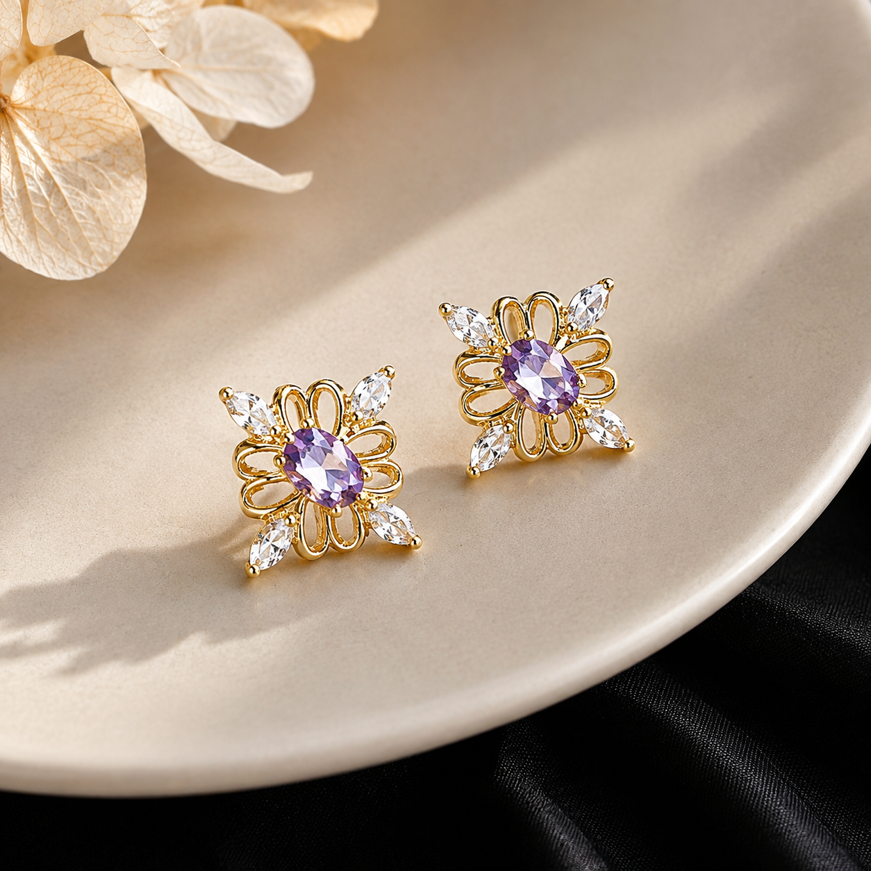 Purple Flower Gemstone Stud Earrings Copper 14K Gold Plated