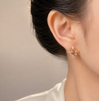 Purple Flower Gemstone Stud Earrings Copper 14K Gold Plated