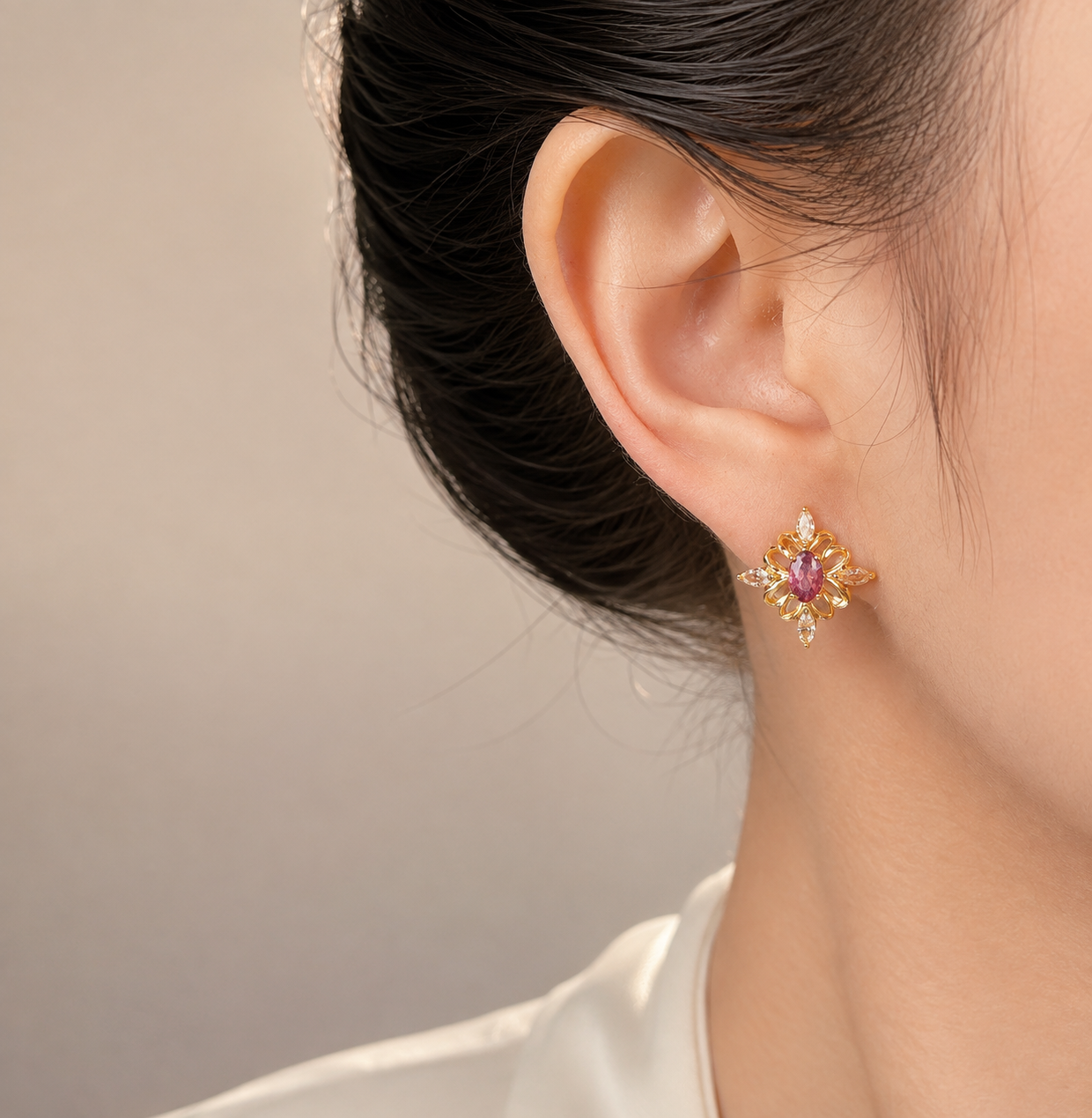 Purple Flower Gemstone Stud Earrings Copper 14K Gold Plated