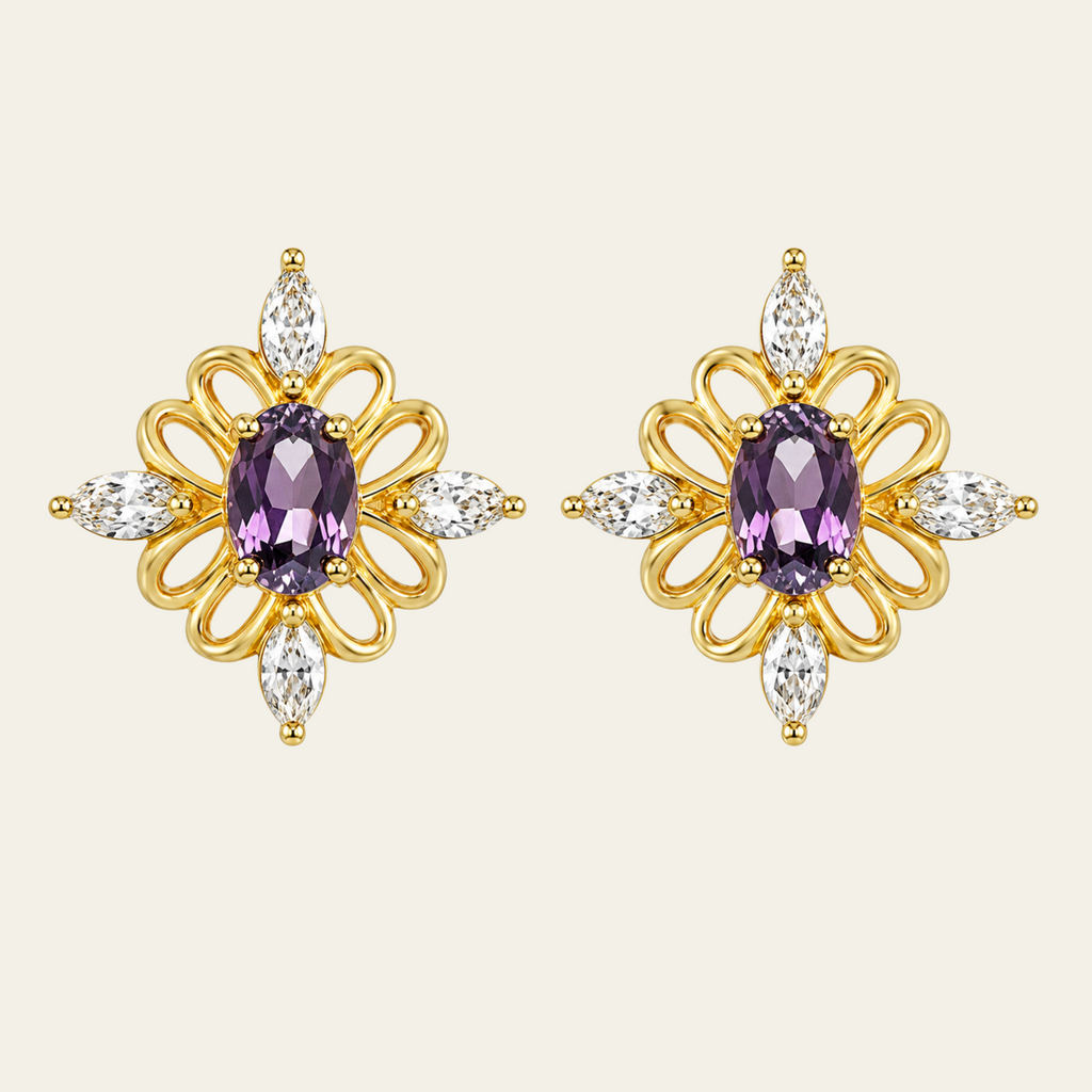 Purple Flower Gemstone Stud Earrings Copper 14K Gold Plated