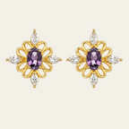 Purple Flower Gemstone Stud Earrings Copper 14K Gold Plated