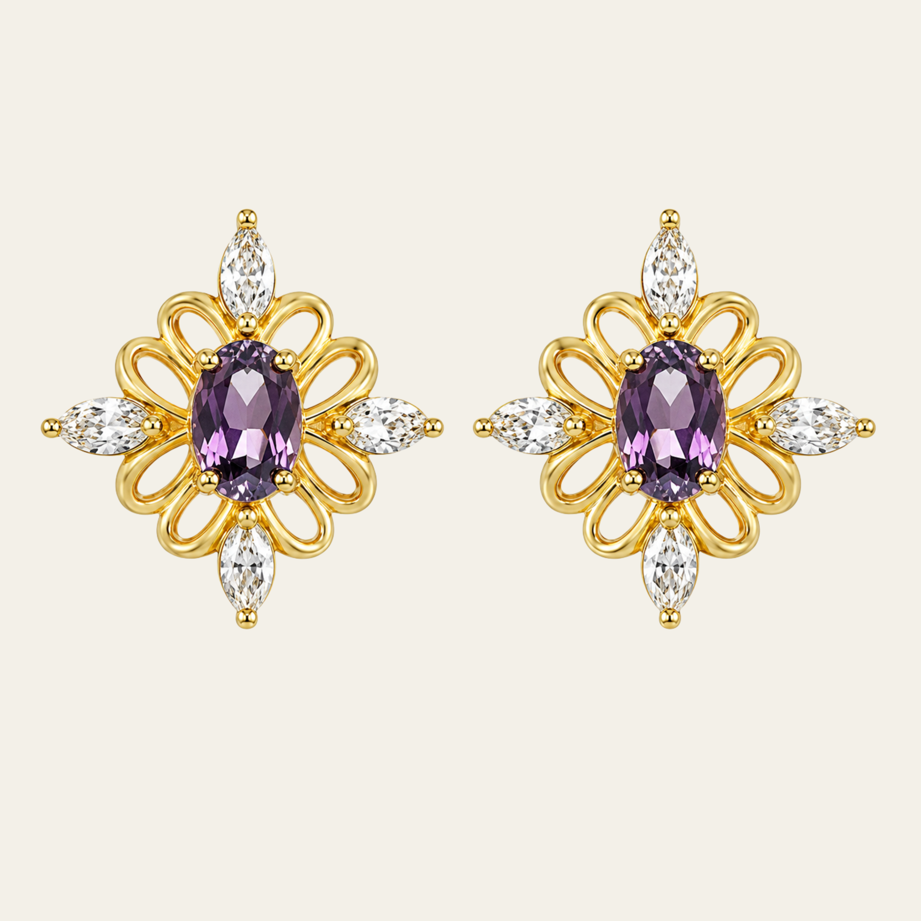 Purple Flower Gemstone Stud Earrings Copper 14K Gold Plated