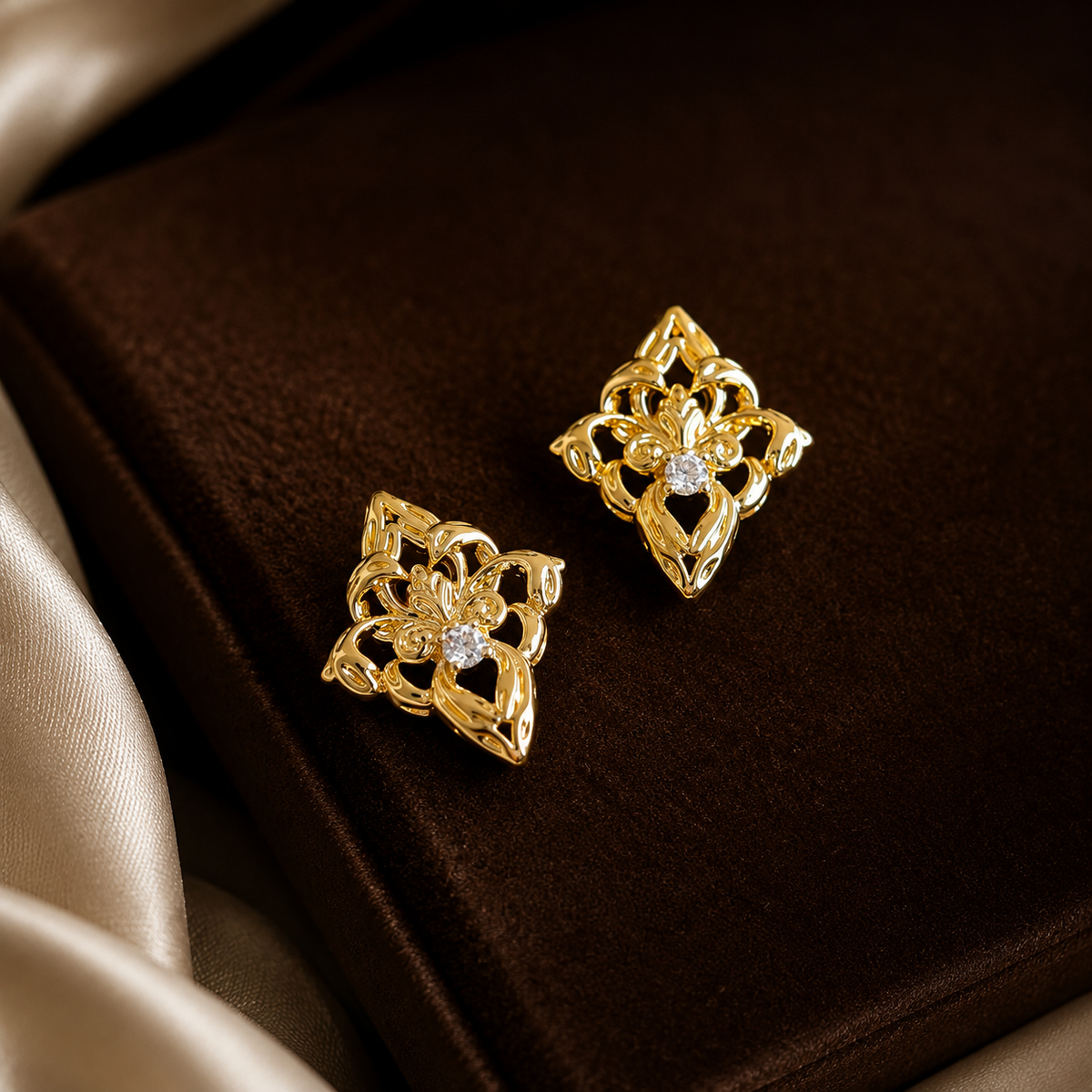 Floral Gemstone Stud Earrings Copper 14K Gold Plated