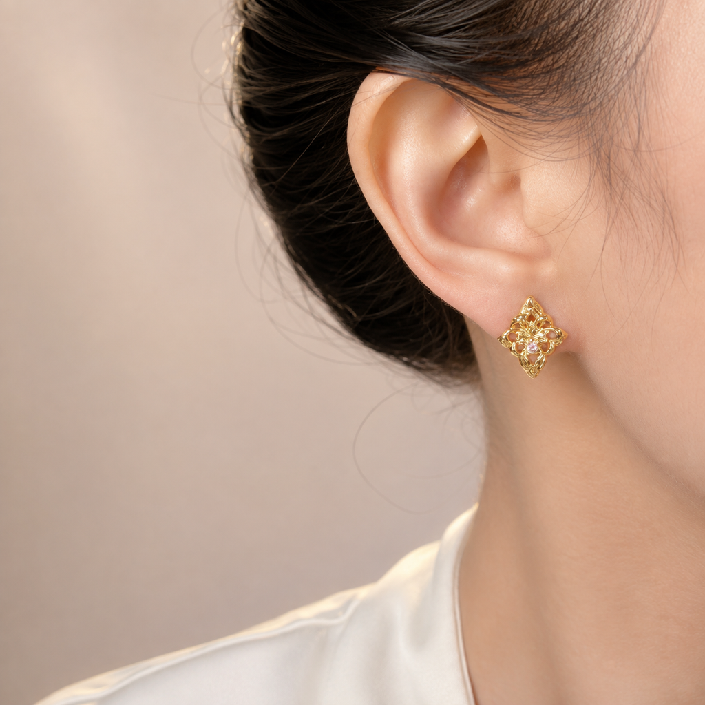 Floral Gemstone Stud Earrings Copper 14K Gold Plated