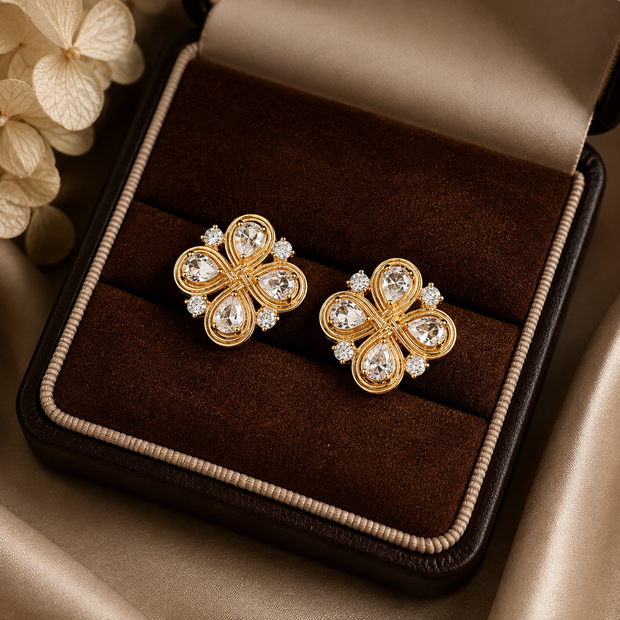 Four Leaf Clover Gemstone Stud Earrings Copper 14K Gold Plated