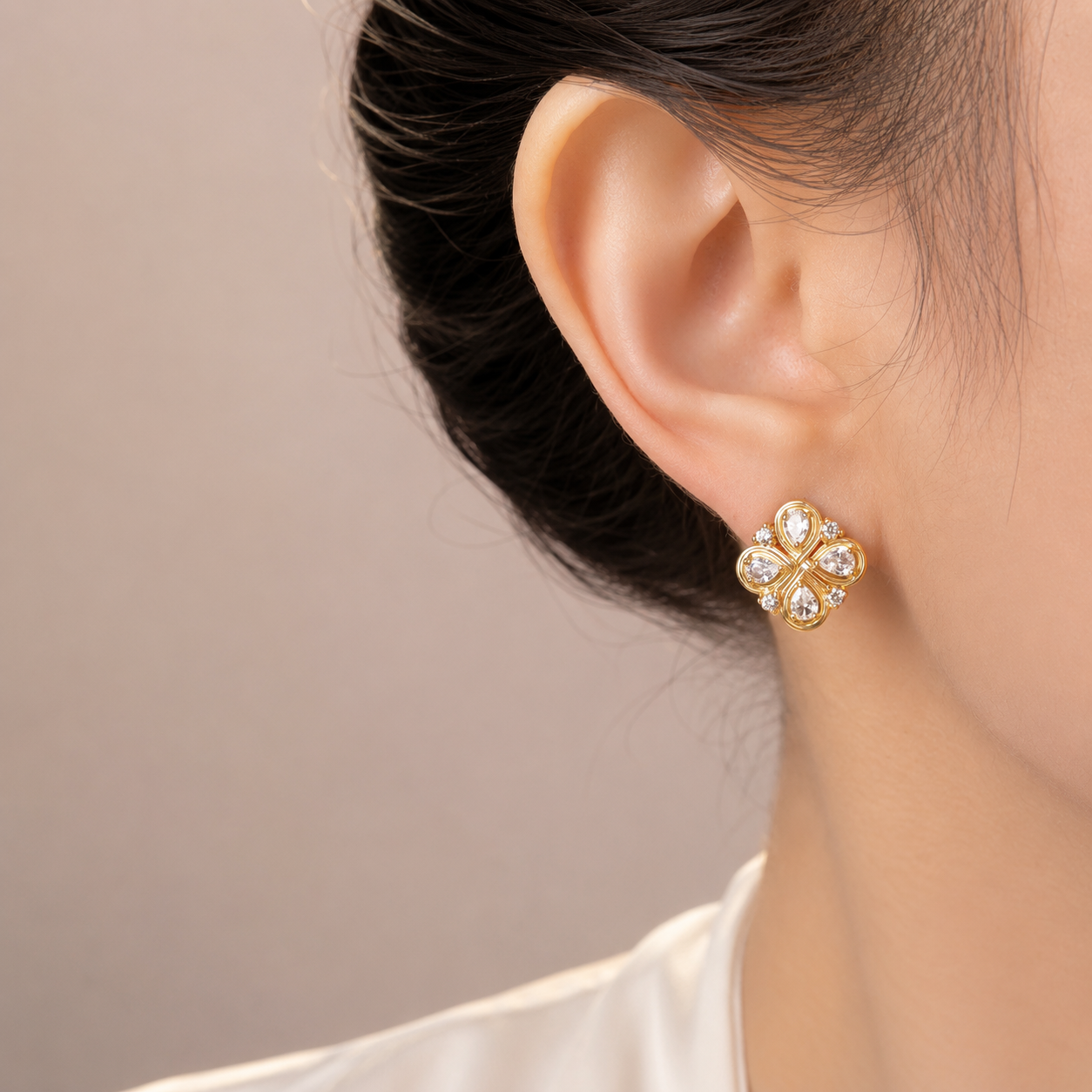 Four Leaf Clover Gemstone Stud Earrings Copper 14K Gold Plated