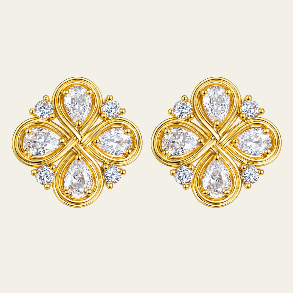 Four Leaf Clover Gemstone Stud Earrings Copper 14K Gold Plated