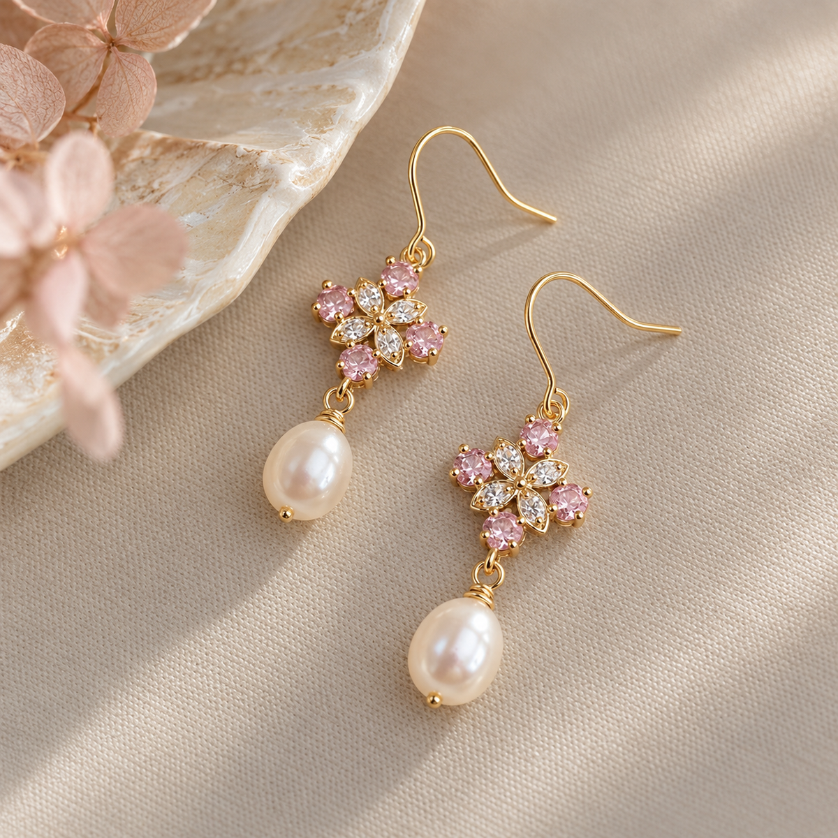 Pink Flower Pearl Drop Earrings Copper 14K Gold Plated
