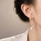 Pink Flower Pearl Drop Earrings Copper 14K Gold Plated
