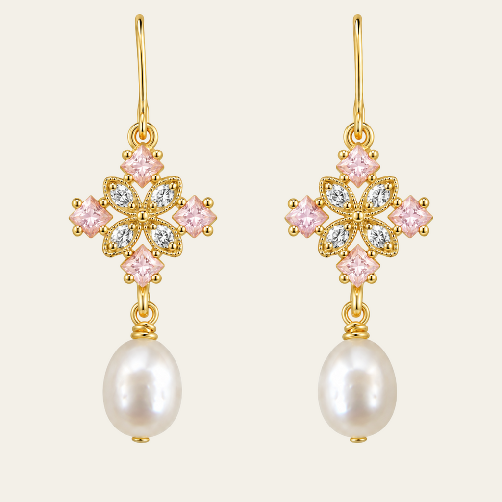 Pink Flower Pearl Drop Earrings Copper 14K Gold Plated