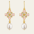 Pink Flower Pearl Drop Earrings Copper 14K Gold Plated