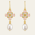 Pink Flower Pearl Drop Earrings Copper 14K Gold Plated