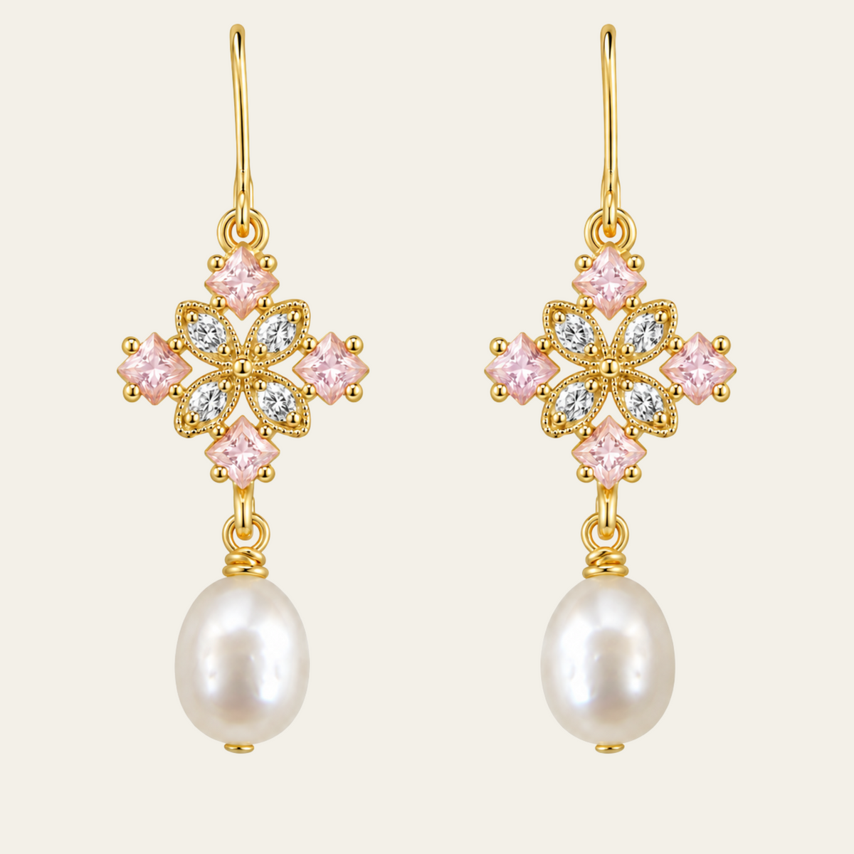 Pink Flower Pearl Drop Earrings Copper 14K Gold Plated